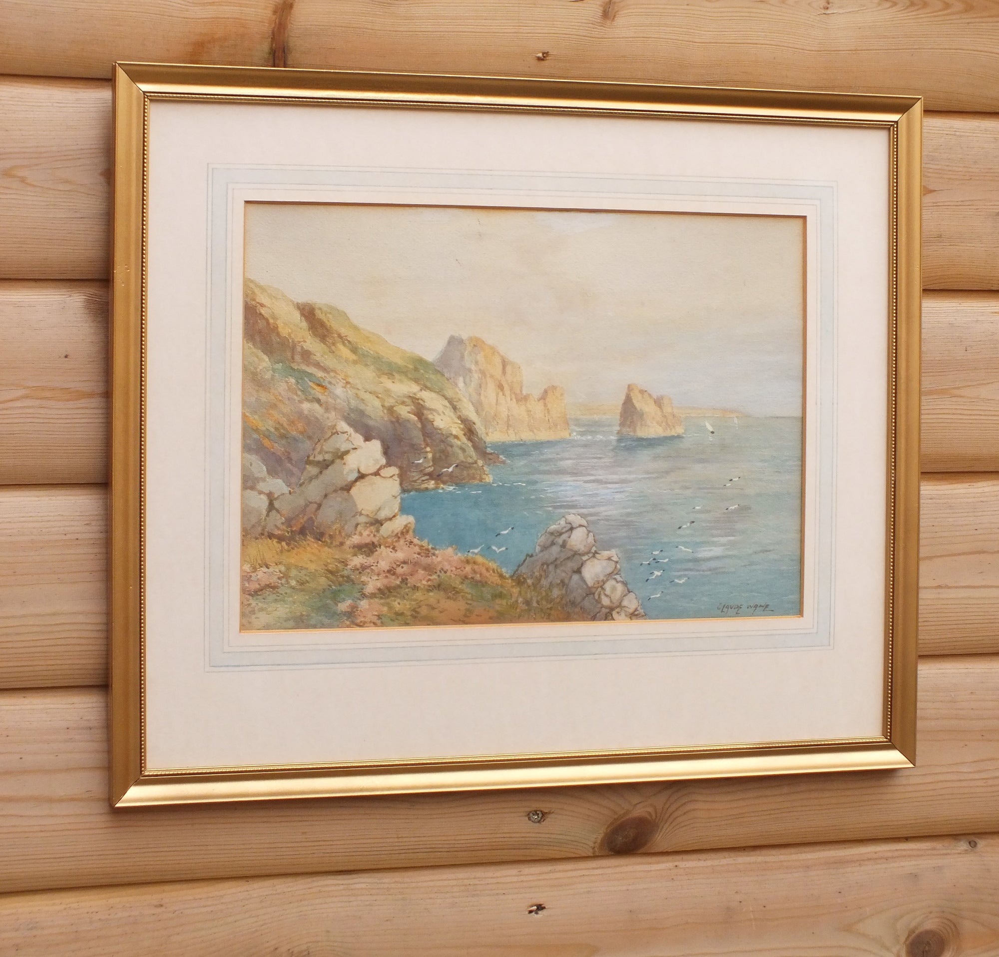 Antique Watercolor Painting, Fiquet Bay, Jersey Landscape, Framed Original, Claude Wane