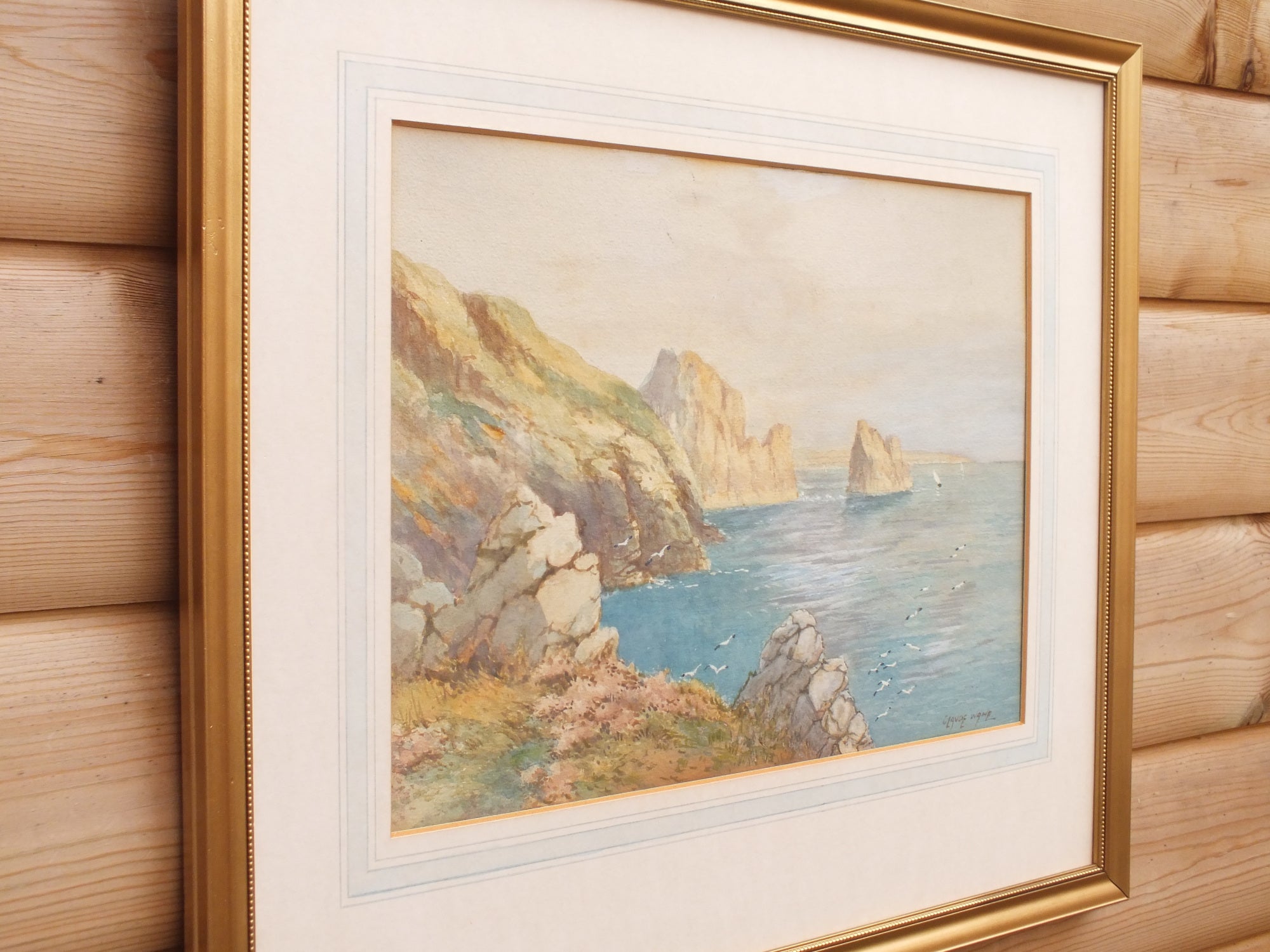 Antique Watercolor Painting, Fiquet Bay, Jersey Landscape, Framed Original, Claude Wane