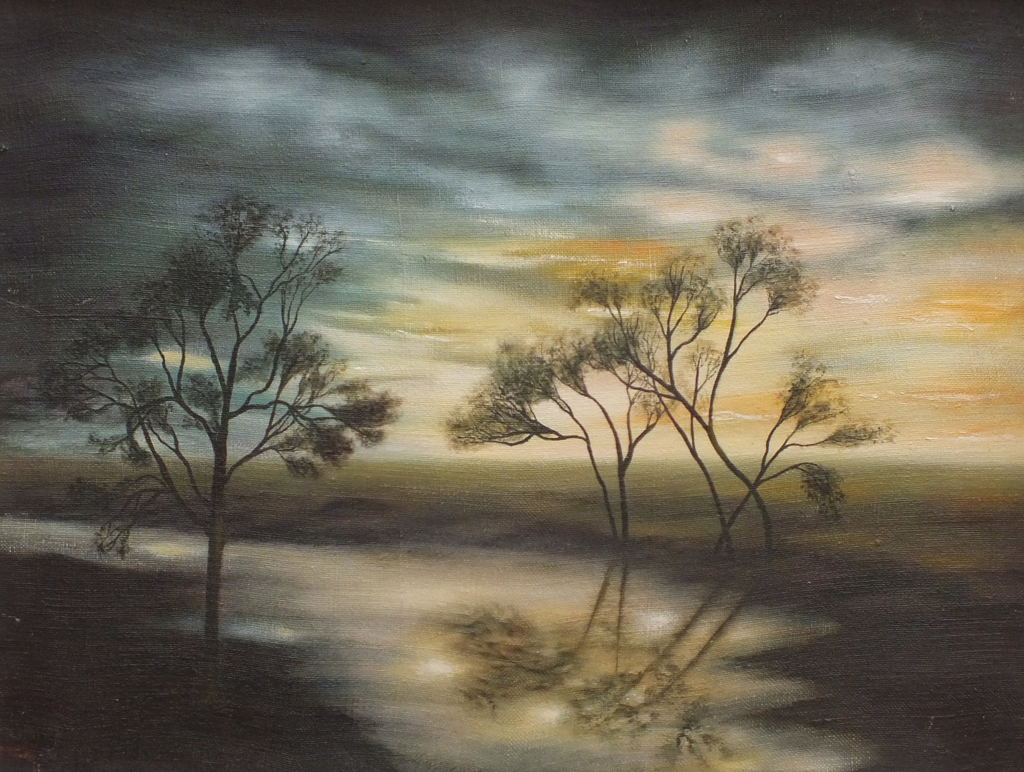 Sunset River Landscape, Framed Original Oil Painting