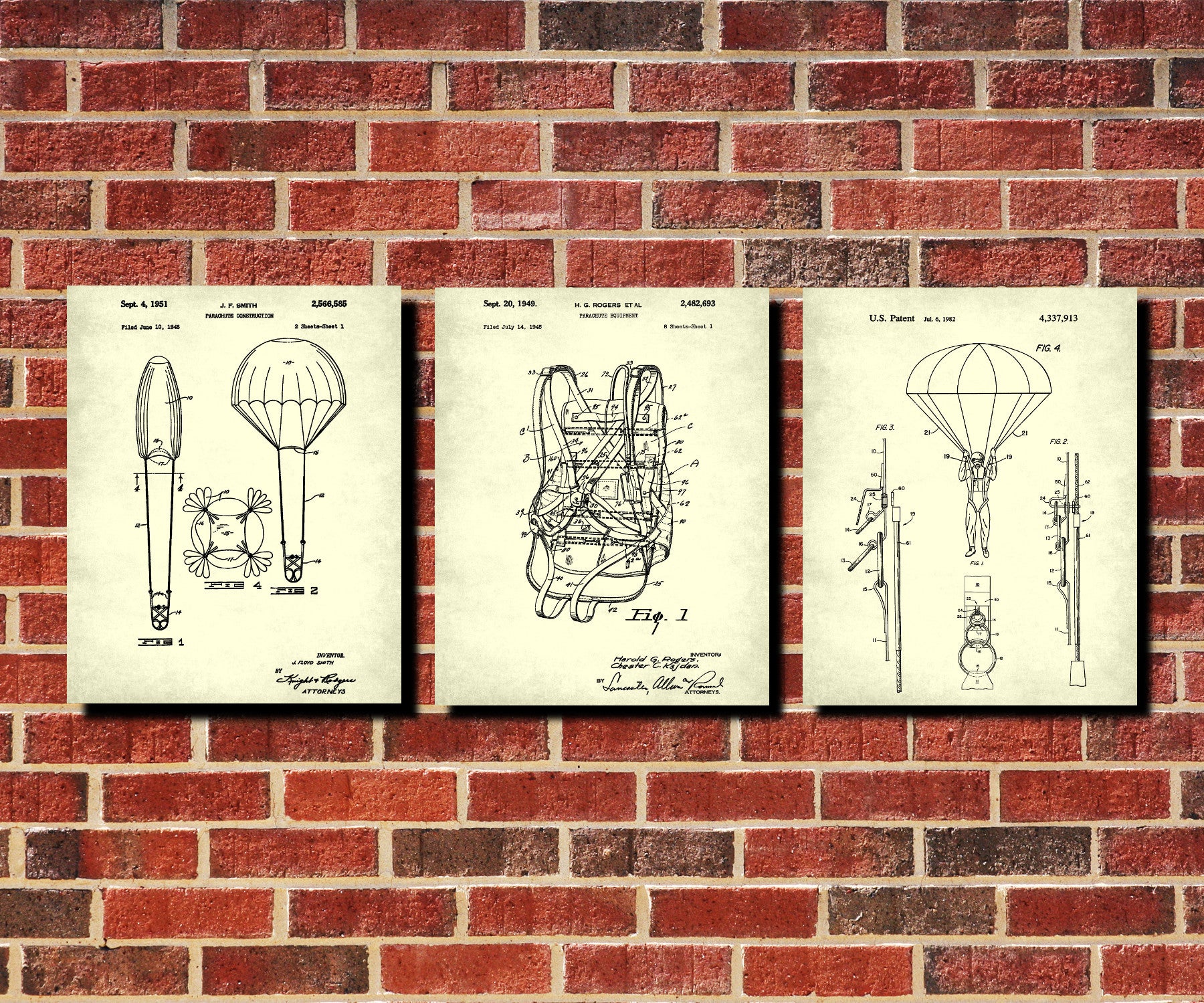 Parachute Patent Prints Set 3 Parachutist Skydiving Posters