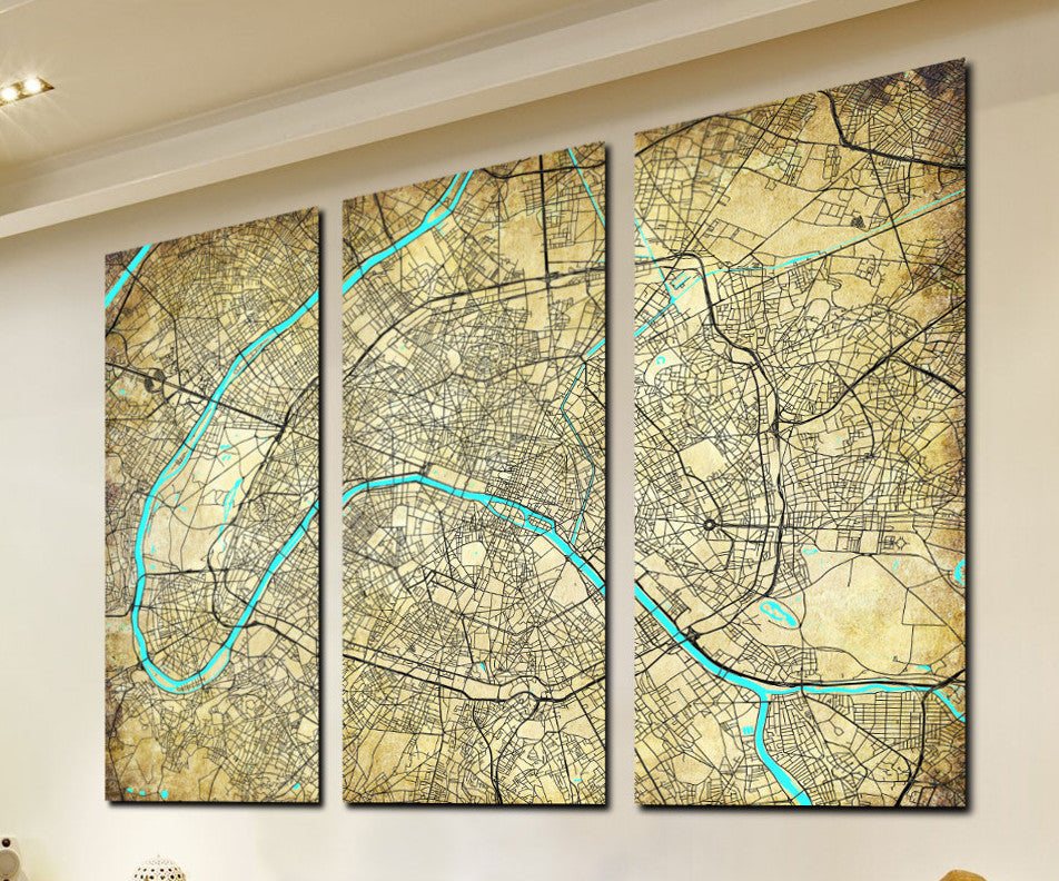 Paris Street Map 3 Panel Canvas Wall Map