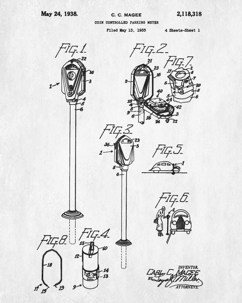 Parking Meter Patent Print Car Parking Enforcement Poster