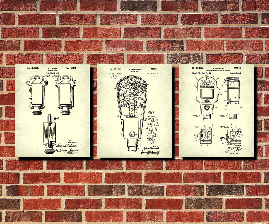 Parking Meter Patent prints Set of 3 Vintage Enforcement Posters