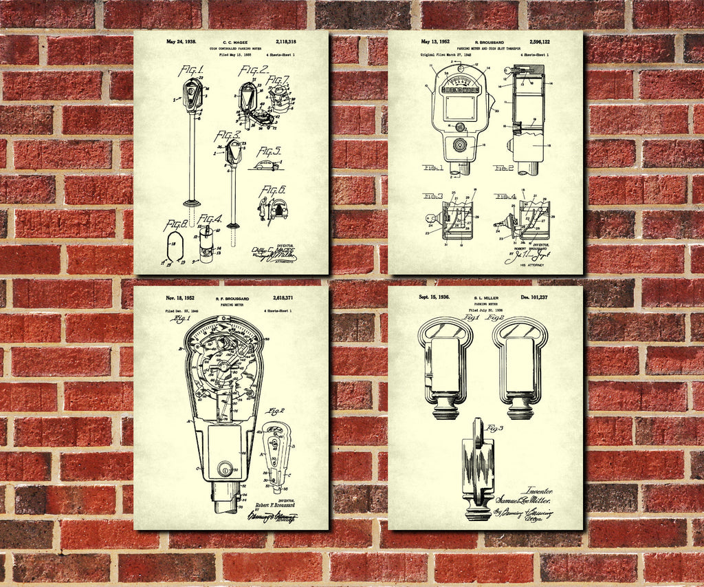 Parking Meter Patent prints Set of 4 Vintage Enforcement Posters