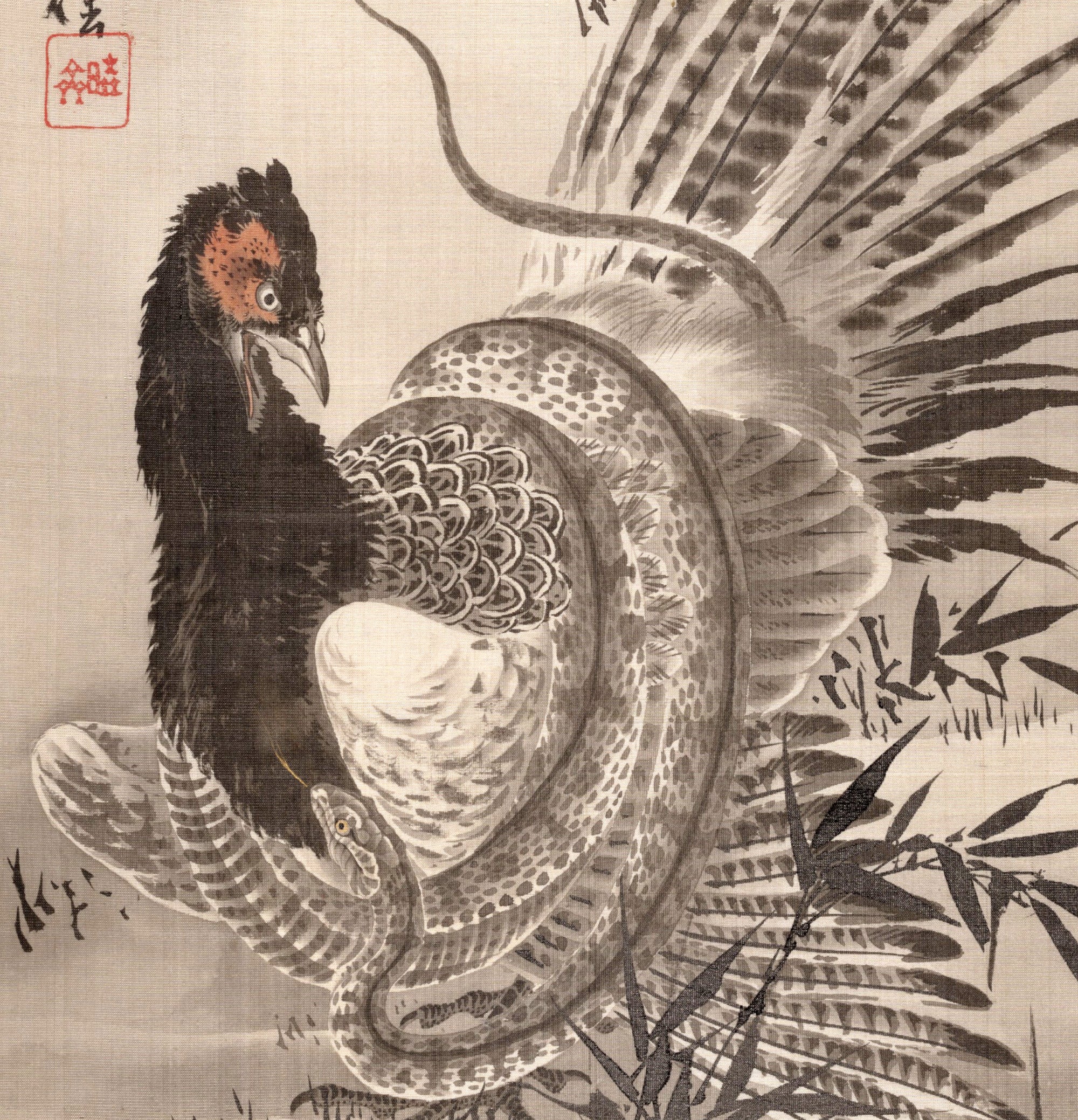 Kawanabe Kyōsai, Japanese Art, Pheasant Caught by a Snake – GalleryThane