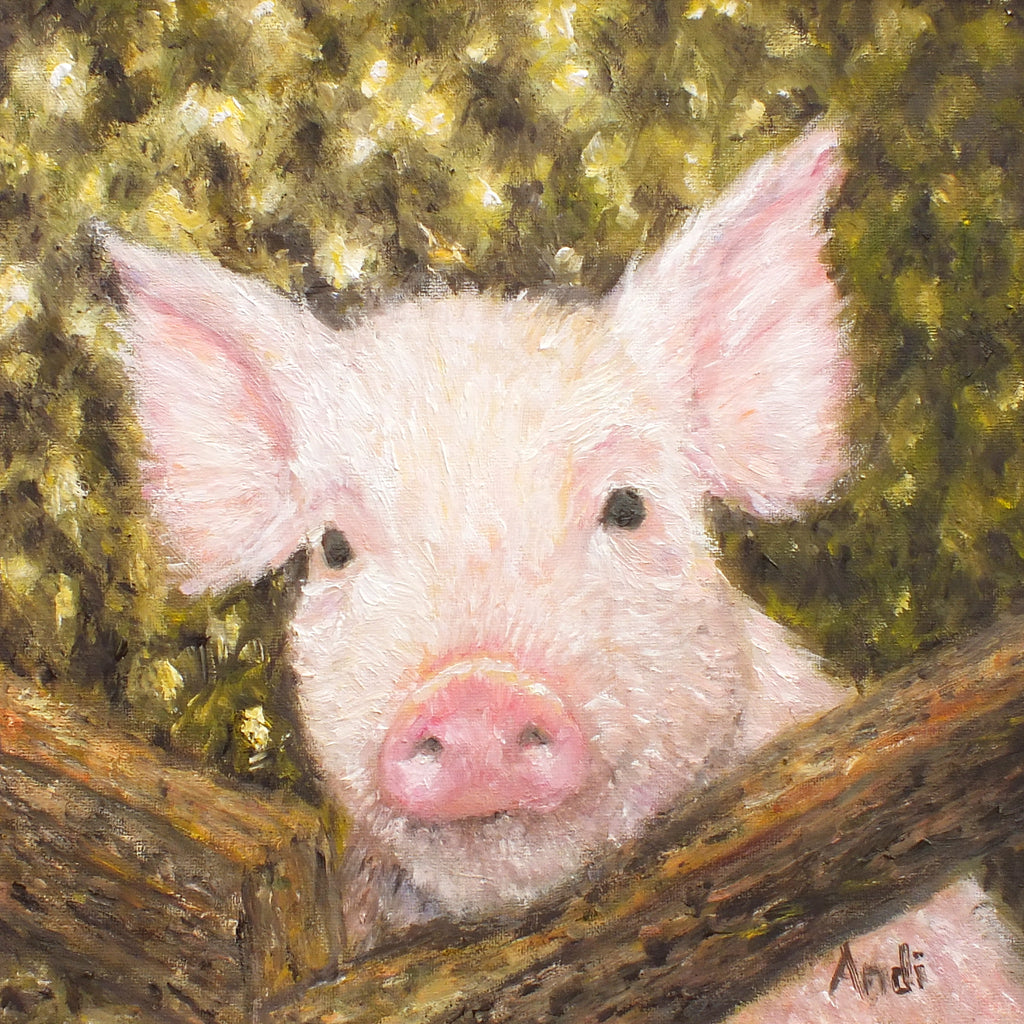 Pink Pig Original Framed Farmyard Painting by Andi Lucas