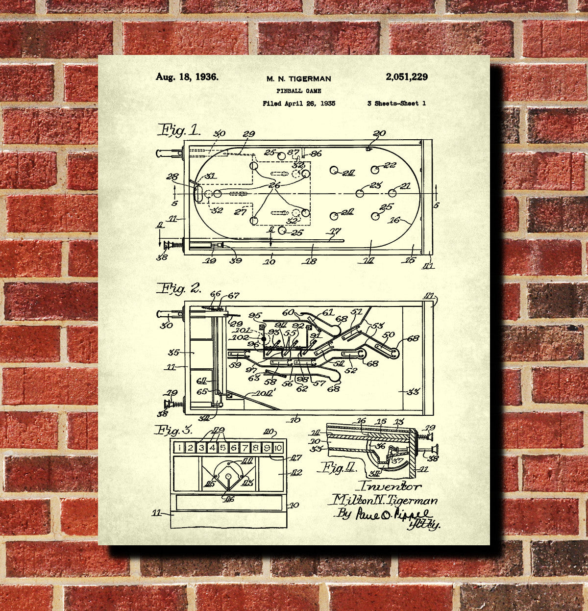 Pinball Machine Patent Print Bar Blueprint Man Cave Poster