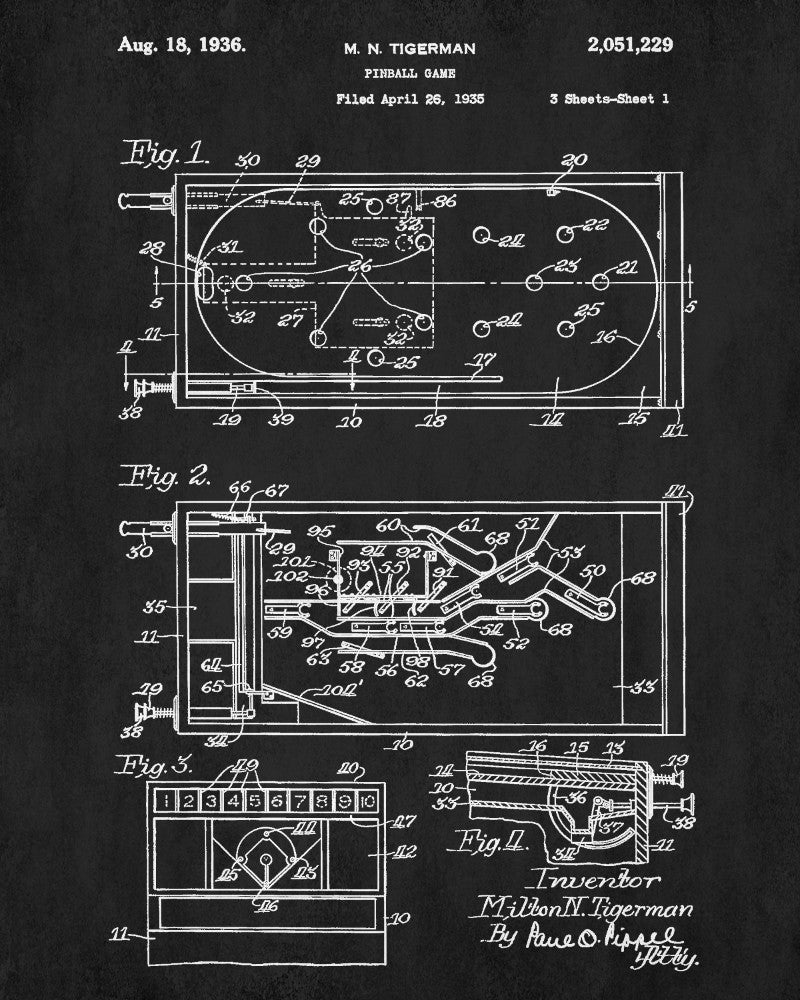 Pinball Machine Patent Print Bar Blueprint Man Cave Poster