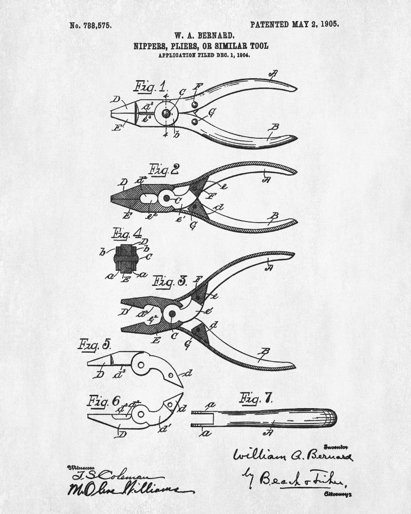 Pliers Patent Print Hand Tools Blueprint Workshop Poster