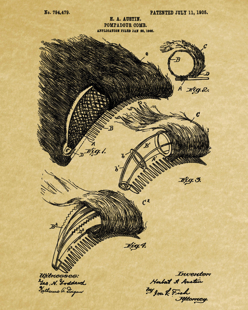 Pompadour Comb Patent Print Hairdressing Blueprint Salon Poster