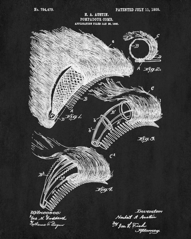 Pompadour Comb Patent Print Hairdressing Blueprint Salon Poster