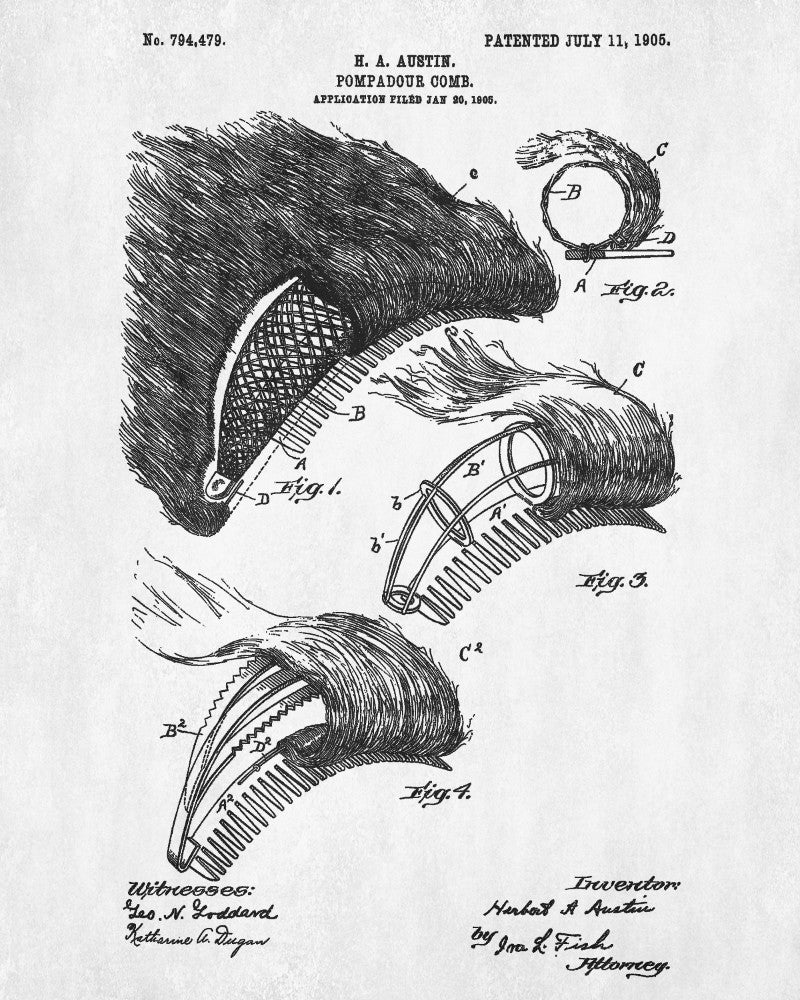 Pompadour Comb Patent Print Hairdressing Blueprint Salon Poster