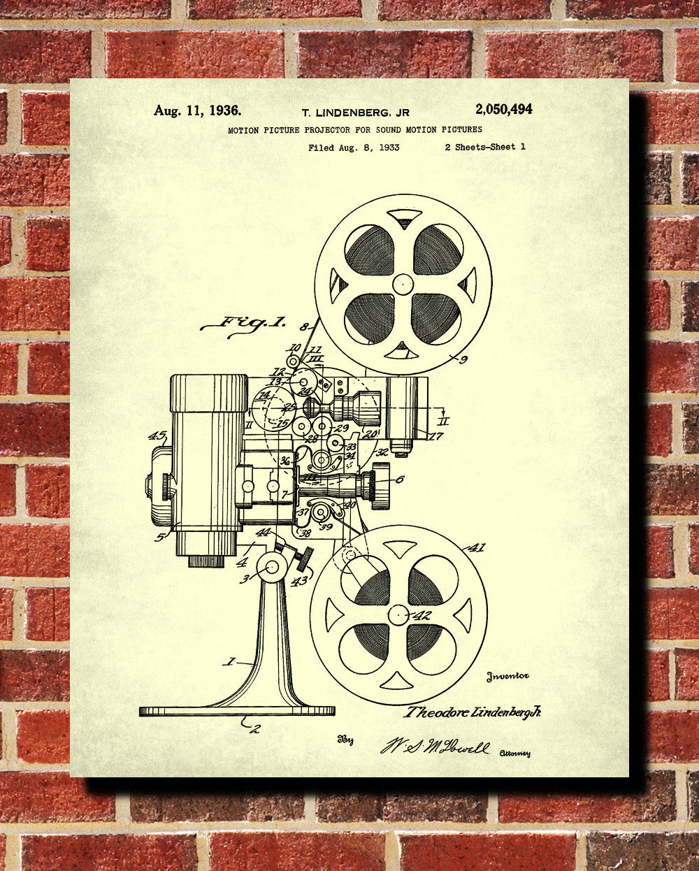 Film Projector Patent Print Cine Blueprint Movies Poster