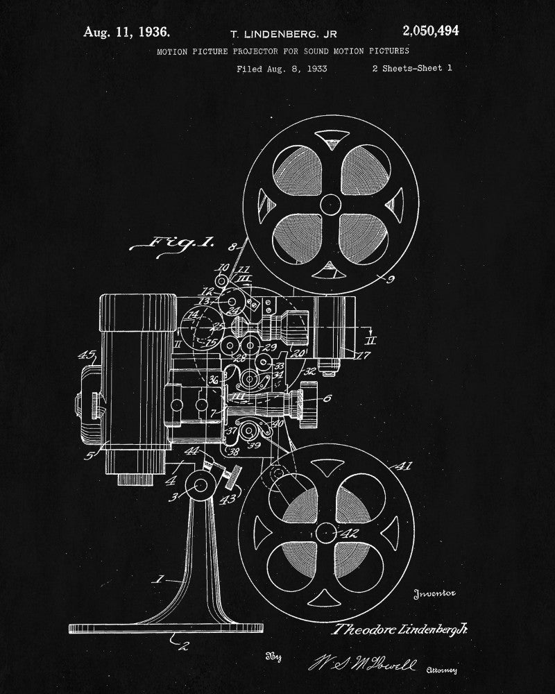 Film Projector Patent Print Cine Blueprint Movies Poster