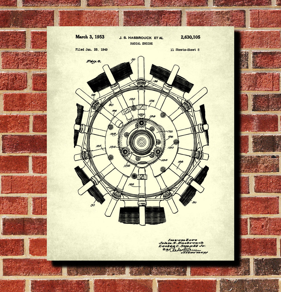 Radial Engine Patent Print Aircraft Blueprint Art Poster