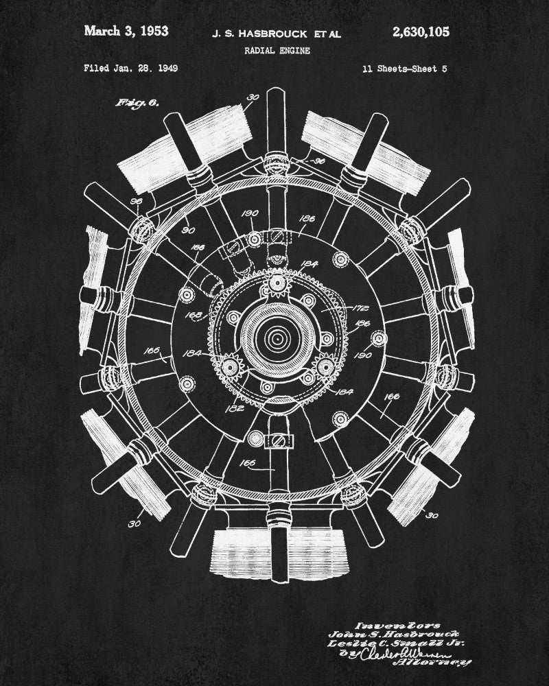 Radial Engine Patent Print Aircraft Blueprint Art Poster