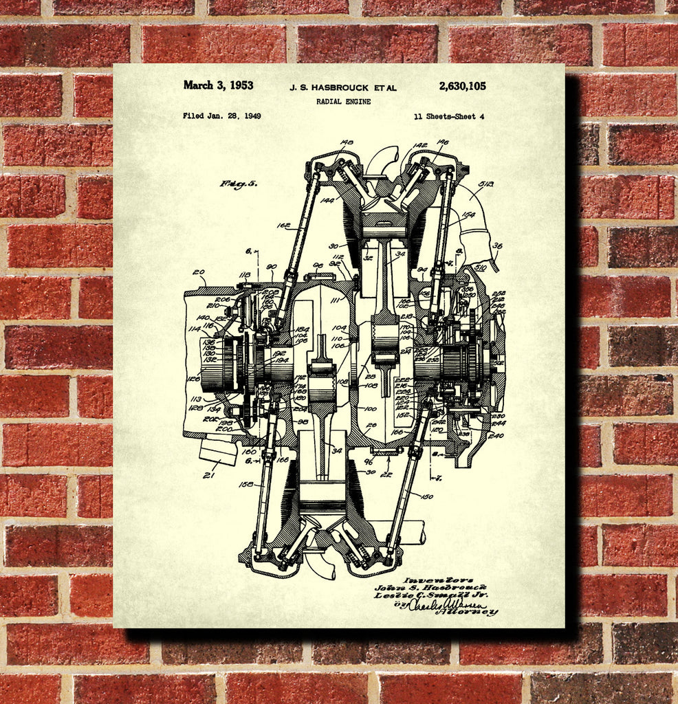 Radial Engine Patent Print Aviation Blueprint Art Poster