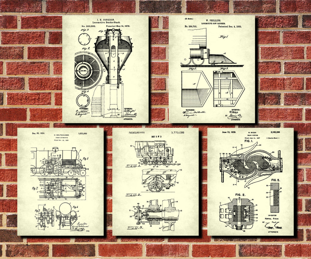 Railroad Patent Prints Set 5 Railway Posters Trains