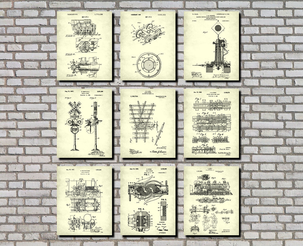 Railroad Patent Prints Set 9 Railway Posters Trains