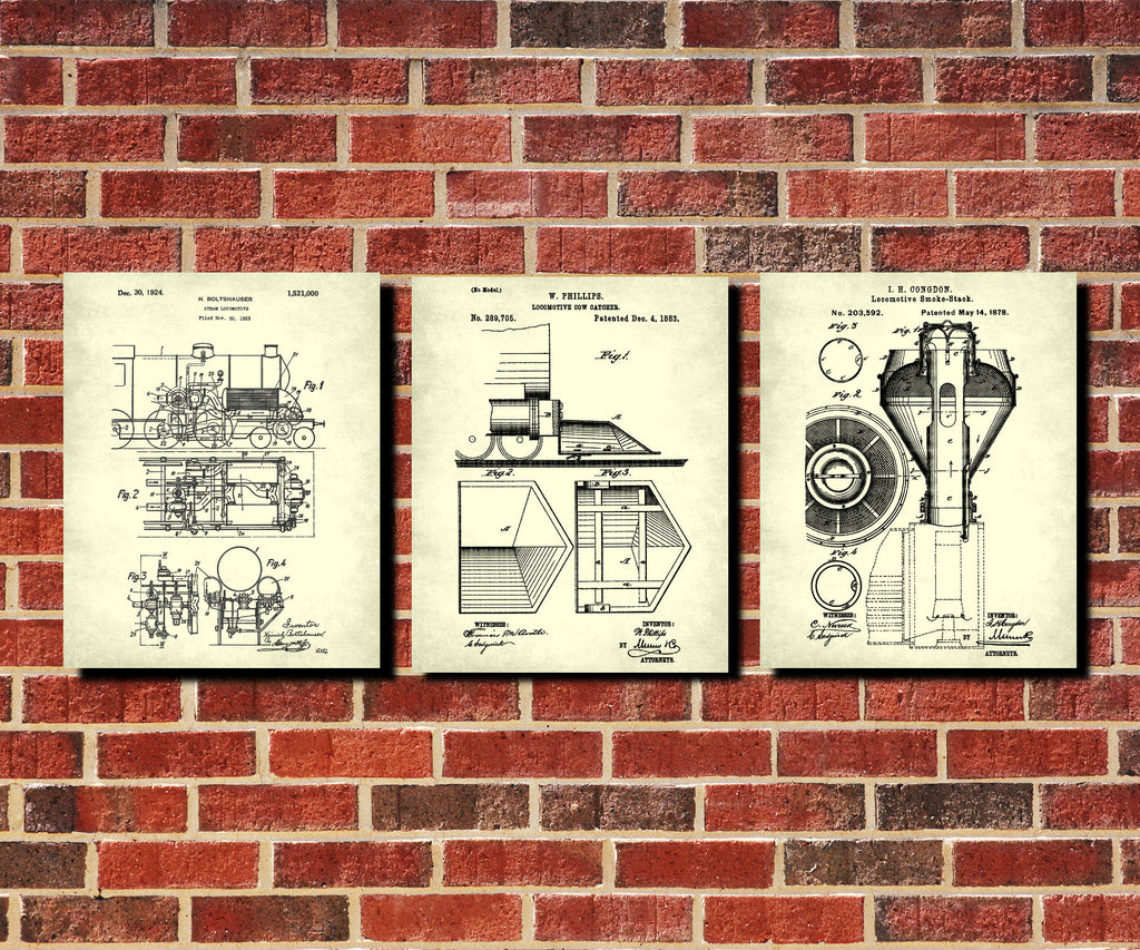 Railway Patent Prints Set 3 Train Posters Railroad Wall Art