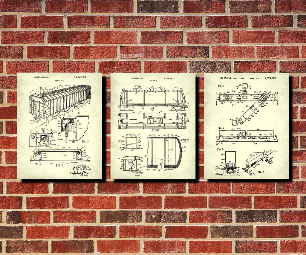 Railway Wall Art Set 3 Train Posters Railroad Patent Prints