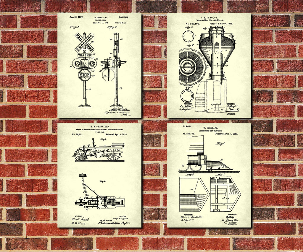 Railway Wall Art Set 4 Train Posters Railroad Patent Prints
