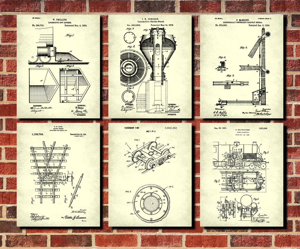 Railway Wall Art Set 6 Train Posters Railroad Patent Prints