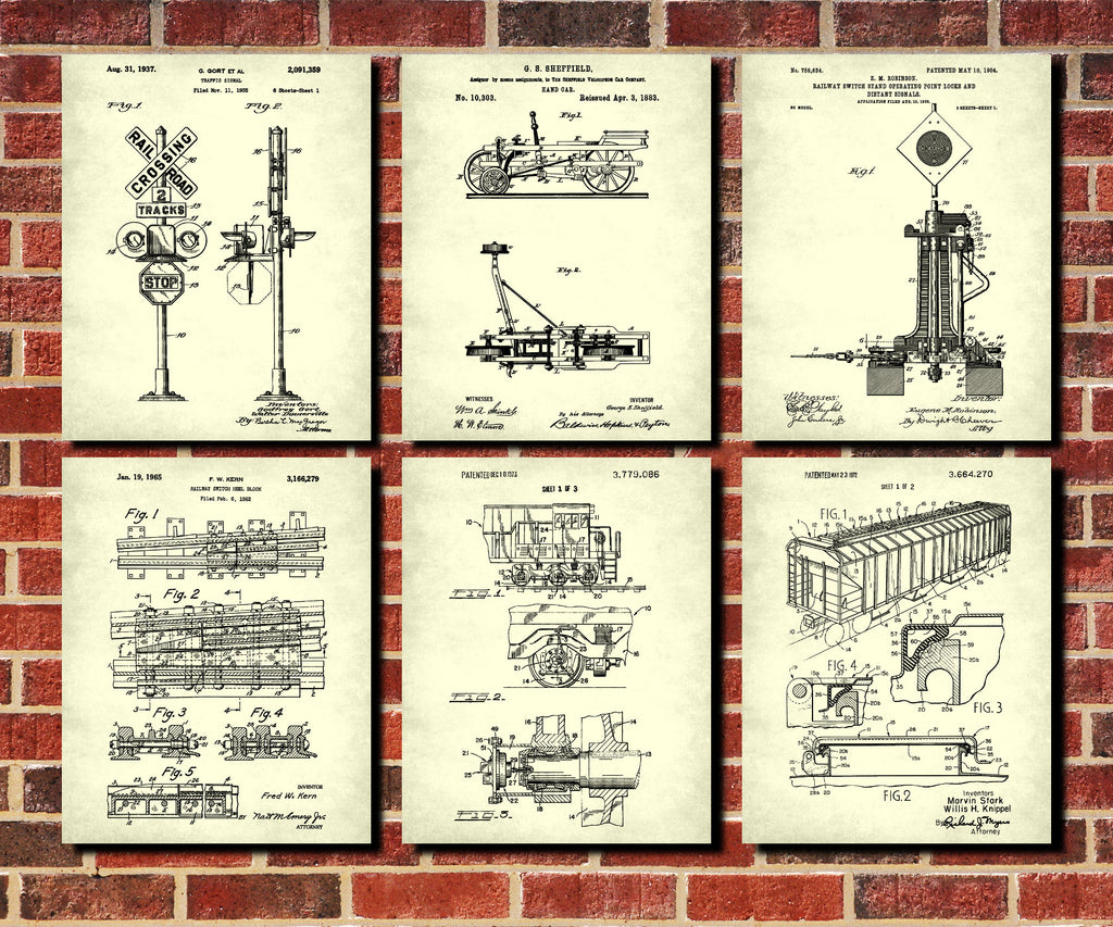 Train Wall Art Set 6 Railway Posters Railroad Patent Prints