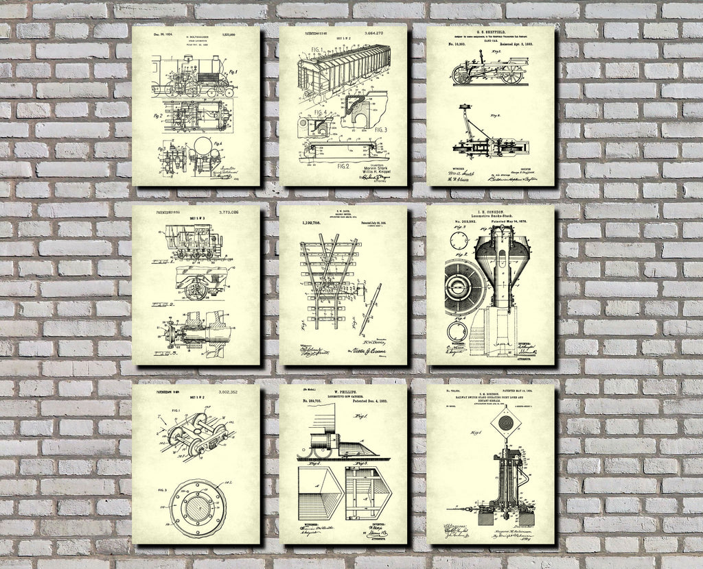 Train Wall Art Set 9 Railway Posters Railroad Patent Prints