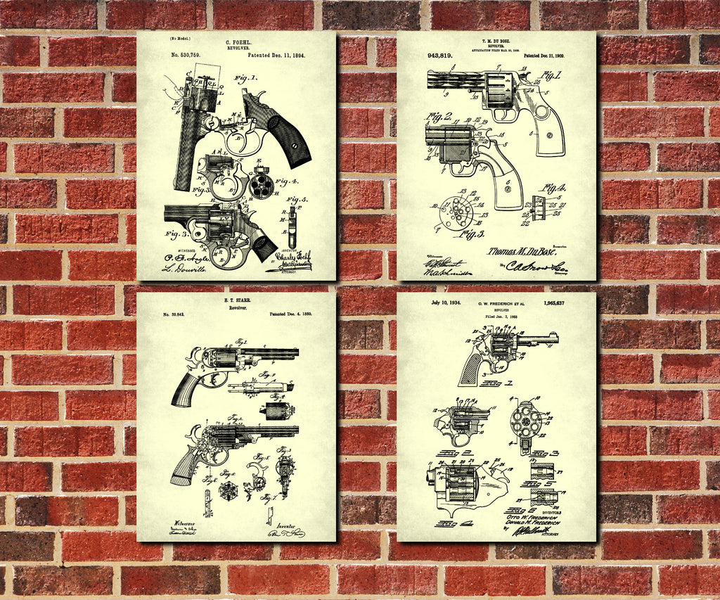 Revolver Patent Posters Firearm Art Weapons Set 4 Prints - OnTrendAndFab