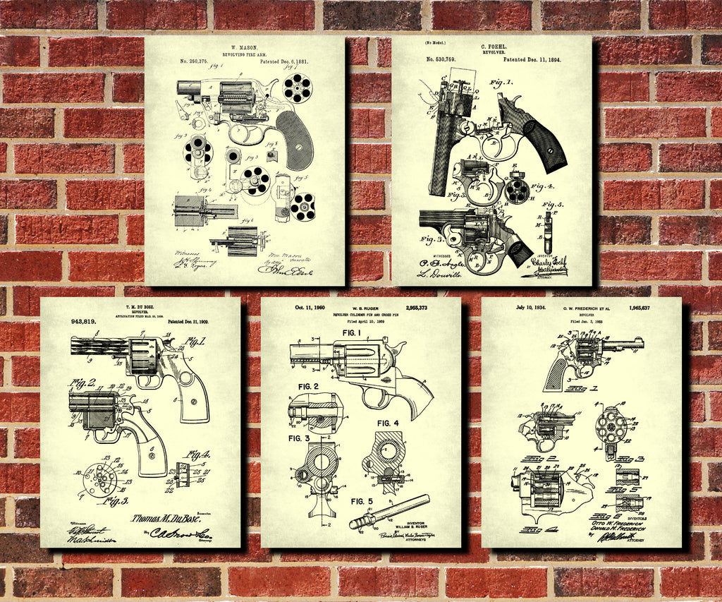 Revolver Patent Prints Set 5 Gun Posters