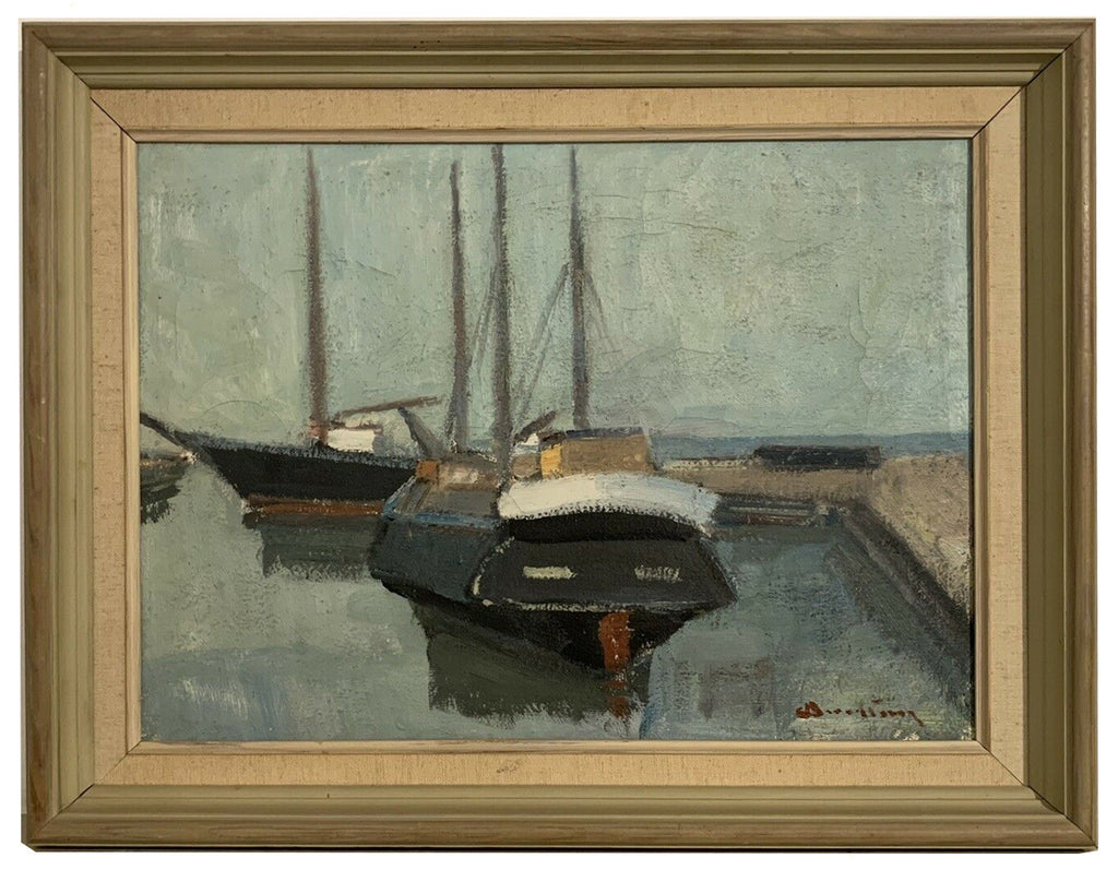 Antique Seascape Oil Painting Sailing Boats in Harbour Framed Nautical Artd English Sailing Art  