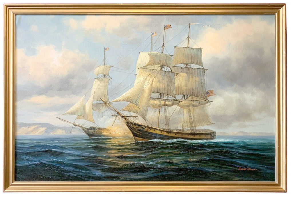 Large American Sailing Ship Maritime Seascape Oil Painting Signed Framed