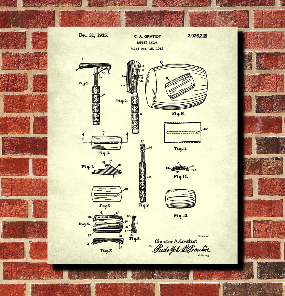 Safety Razor Patent Print Bathroom Barbershop Wall Art Poster