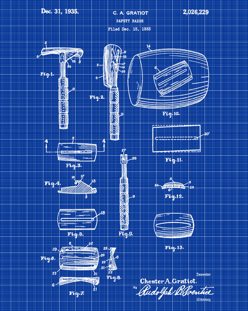 Safety Razor Patent Print Bathroom Barbershop Wall Art Poster
