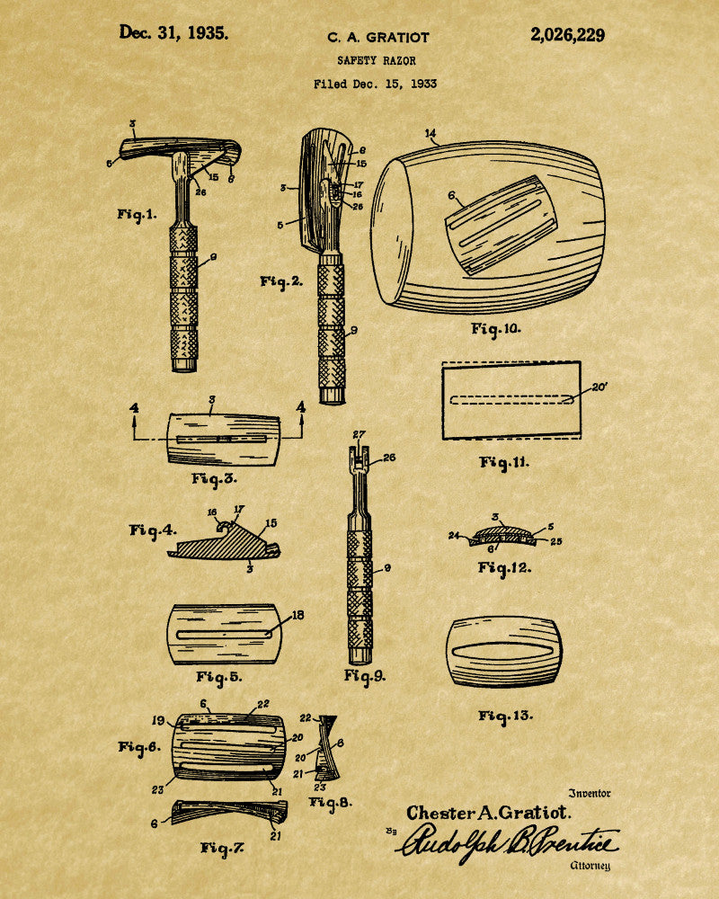 Safety Razor Patent Print Bathroom Barbershop Wall Art Poster