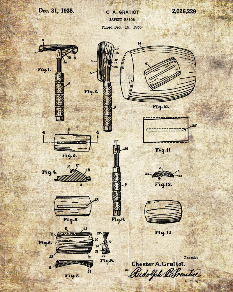 Safety Razor Patent Print Bathroom Barbershop Wall Art Poster