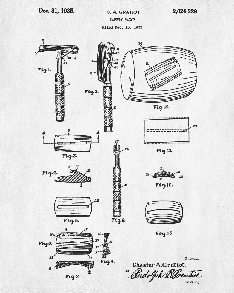 Safety Razor Patent Print Bathroom Barbershop Wall Art Poster
