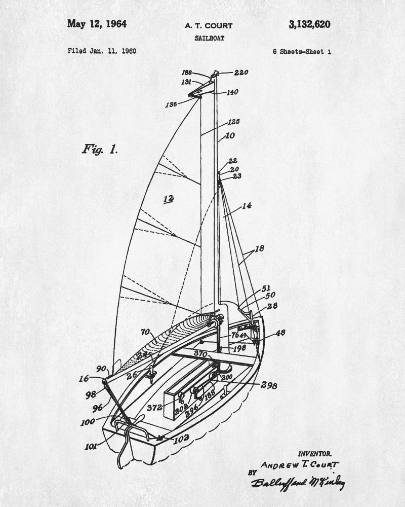 Sailboat Blueprint Art Nautical Patent Print Sailing Poster