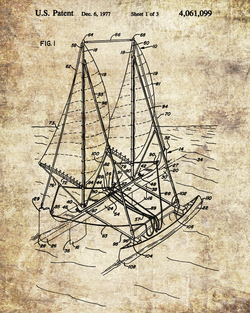 Sail Boat Outrigger Poster Nautical Patent Print Sailing Poster