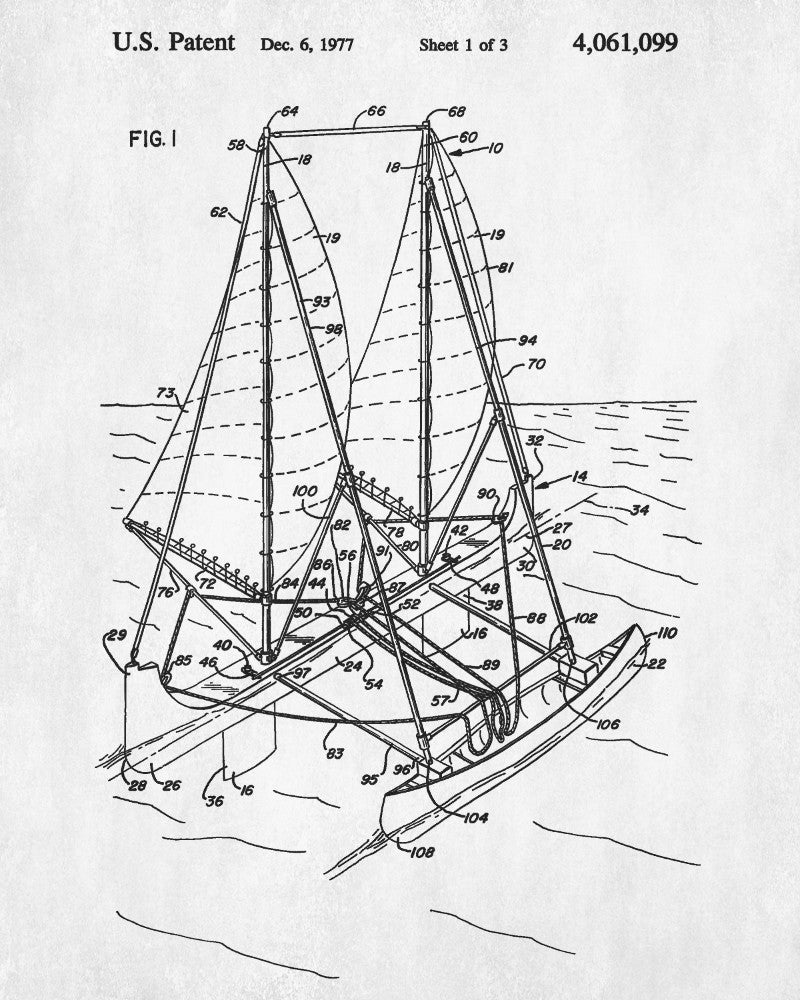 Sail Boat Outrigger Poster Nautical Patent Print Sailing Poster