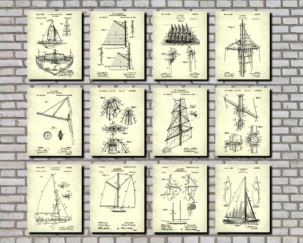 Sailing Posters Set 12 Sail Boat Patents Nautical Art Prints