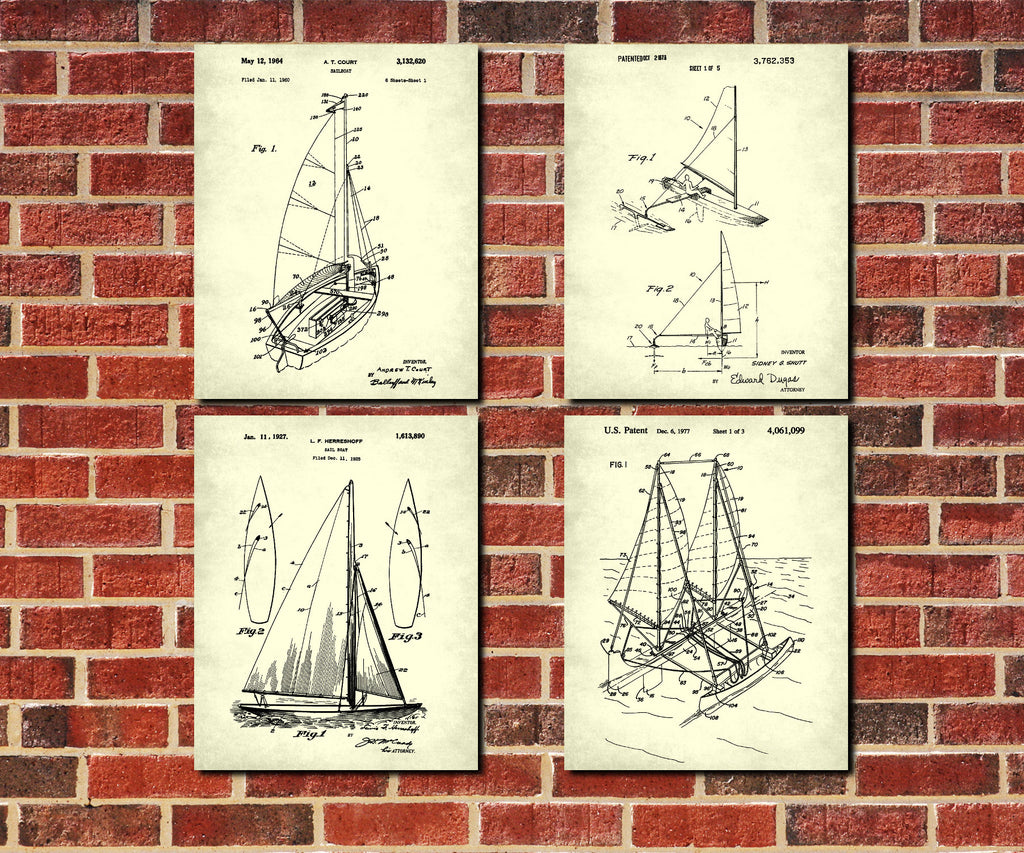 Sail Boat Patents Prints Set 4 Nautical Art Sailing Posters