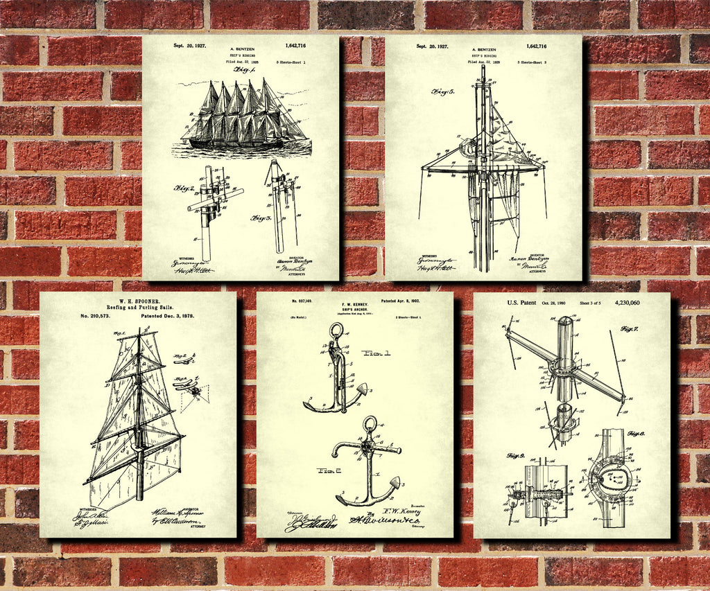 Sailing Patent Prints Set 5 Sail Boat Posters Sailor Gift