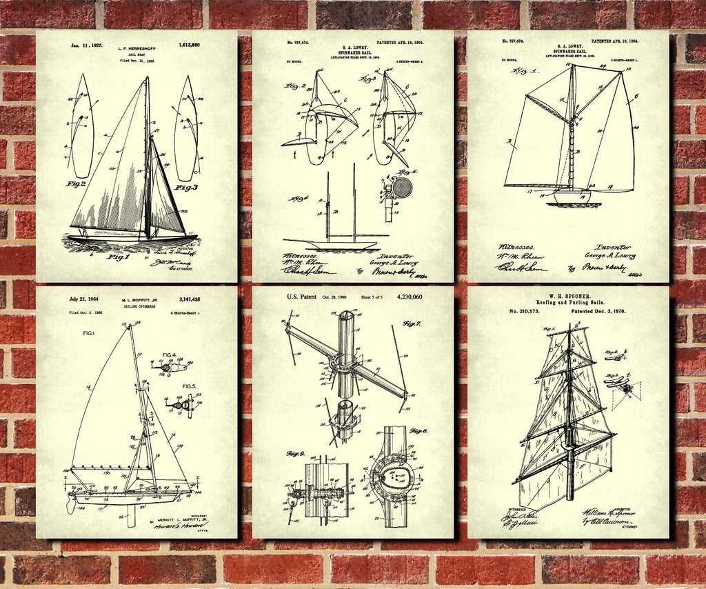 Sailing Posters Set 6 Nautical Art Prints Sail Boat Patents