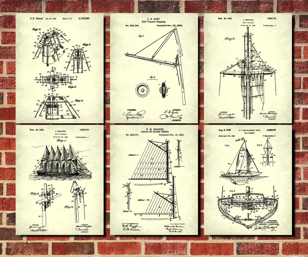 Sailing Posters Set 6 Sail Boat Patents Nautical Art Prints
