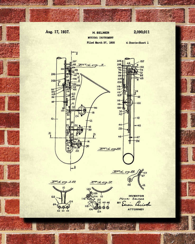 Saxophone Patent Print Musical Instrument Poster Music Wall Art - OnTrendAndFab