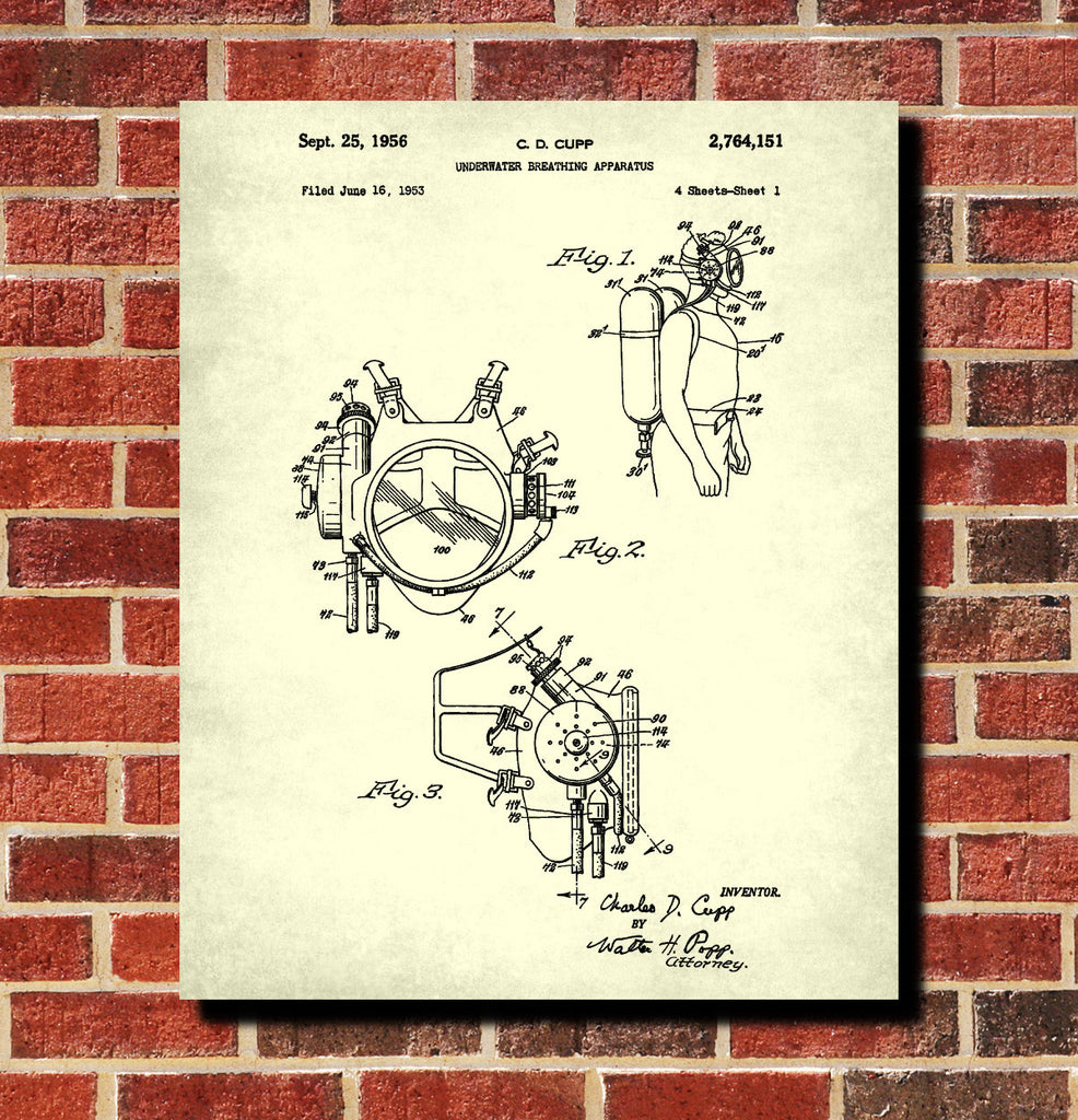 Scuba Diving Patent Print Dive Equipment Blueprint Marine Poster