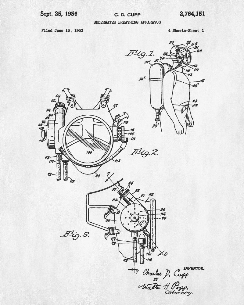 Scuba Diving Patent Print Dive Equipment Blueprint Marine Poster