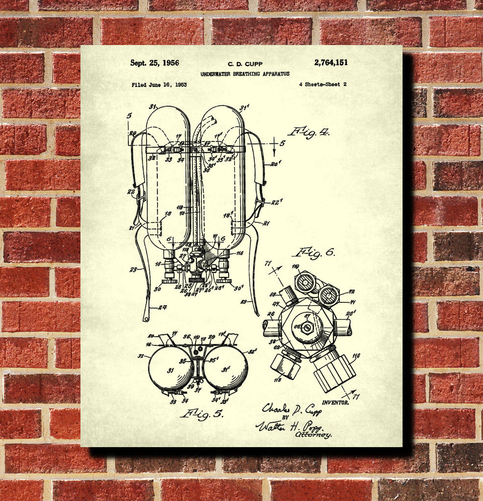 Scuba Diving Patent Print Dive Gear Blueprint Marine Poster